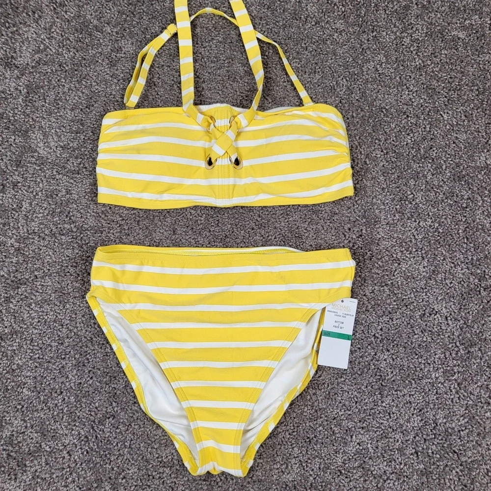 Michael Kors Bikini Set Women L Yellow Good Striped Bandeau High Waist Cruise
